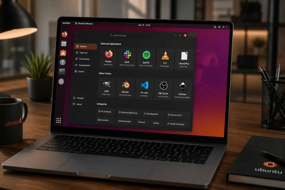 A professional workspace with a sleek laptop displaying the Ubuntu Software Center interface, showcasing a variety of colorful app icons, photorealistic style, high quality.