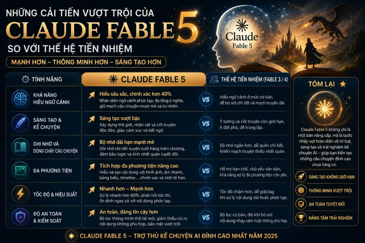 Claude fable 5: Giải mã bí ẩn công cụ kể chuyện AI đỉnh cao năm 2025 2 Những cải tiến vượt trội của Claude Fable 5 so với thế hệ tiền nhiệm